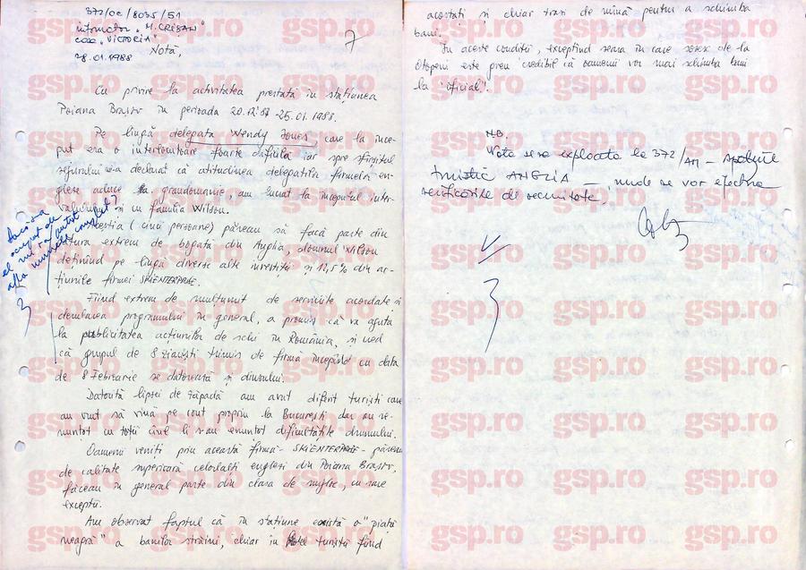 Nota informativă scrisă de „Mircea Crișan” (Dan Șucu) despre grupul de turiști englezi, veniți să schieze la Poiana Brașov în preajma Revelionului 1987/1988. Foto: CNSAS Avem TOATE notele informative scrise pentru Securitate de Dan Șucu, alias „Mircea Crișan”: „Sar în evidență dinții săi de aur” + Cum îl turna pe atașatul militar SUA