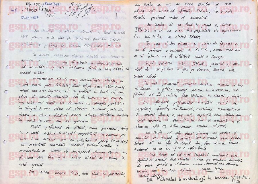 Nota informativă redactată de „Mircea Crișan” (Dan Șucu) despre prietena familiei atașatului militar SUA la București, 1987 - Mary Louise Honnen. Foto: CNSAS Avem TOATE notele informative scrise pentru Securitate de Dan Șucu, alias „Mircea Crișan”: „Sar în evidență dinții săi de aur” + Cum îl turna pe atașatul militar SUA