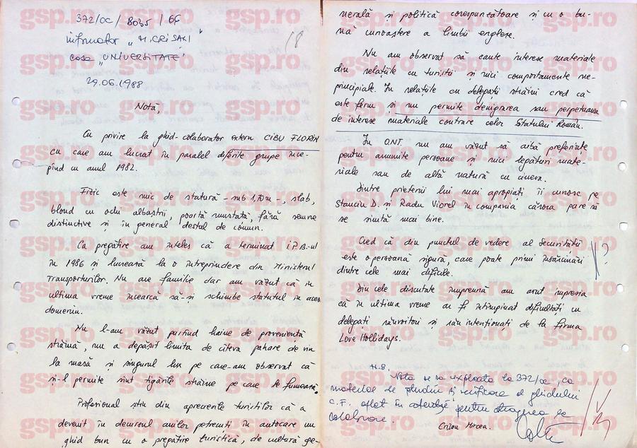 O notă informativă scrisă de „Mircea Crișan” (Dan Șucu) despre un coleg de la ONT, Florin Cibu: conținutul e aparent benign, dar Securitatea îl studia, de fapt, pe ghidul respectiv în vederea recrutării. Foto: CNSAS Avem TOATE notele informative scrise pentru Securitate de Dan Șucu, alias „Mircea Crișan”: „Sar în evidență dinții săi de aur” + Cum îl turna pe atașatul militar SUA