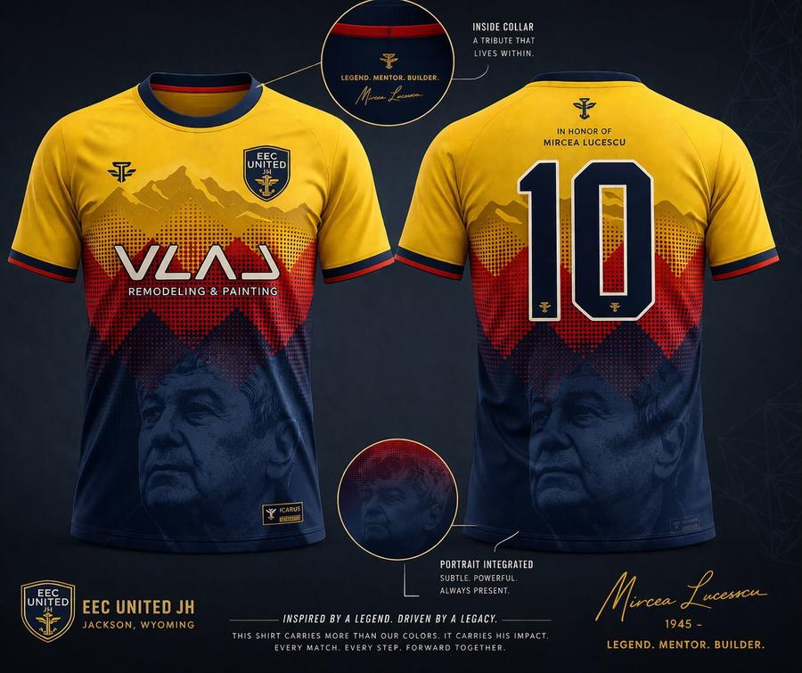 Așa arată tricourile omagiale ale celor de la EEC United, făcute în memoria lui Mircea Lucescu Mircea Lucescu, omagiat de o echipă de amatori din SUA » Ce tricouri vor purta în acest sezon