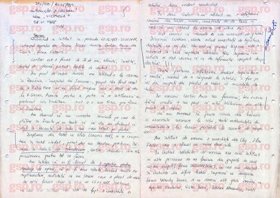 Primele două pagini din nota informativă dedicată de „Mircea Crișan” (Dan Șucu) turistei franceze Ania Carlier, numită în raport drept „suspectă din punctul de vedere al securității statului”. Foto: CNSAS Avem TOATE notele informative scrise pentru Securitate de Dan Șucu, alias „Mircea Crișan”: „Sar în evidență dinții săi de aur” + Cum îl turna pe atașatul militar SUA
