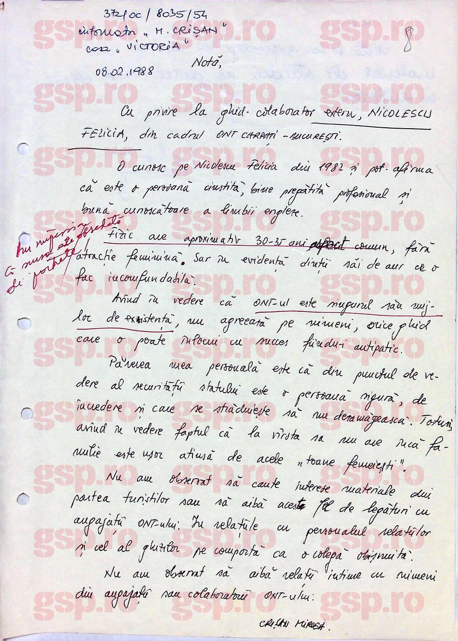 Nota informativă scrisă de „Mircea Crișan” (Dan Șucu) despre colega sa, pe nume Felicia Nicolescu. Foto: CNSAS Avem TOATE notele informative scrise pentru Securitate de Dan Șucu, alias „Mircea Crișan”: „Sar în evidență dinții săi de aur” + Cum îl turna pe atașatul militar SUA
