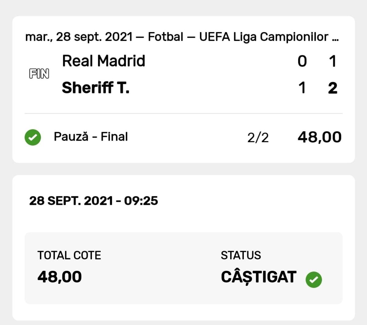 Bilete Real Madrid - Sheriff Tirapsol