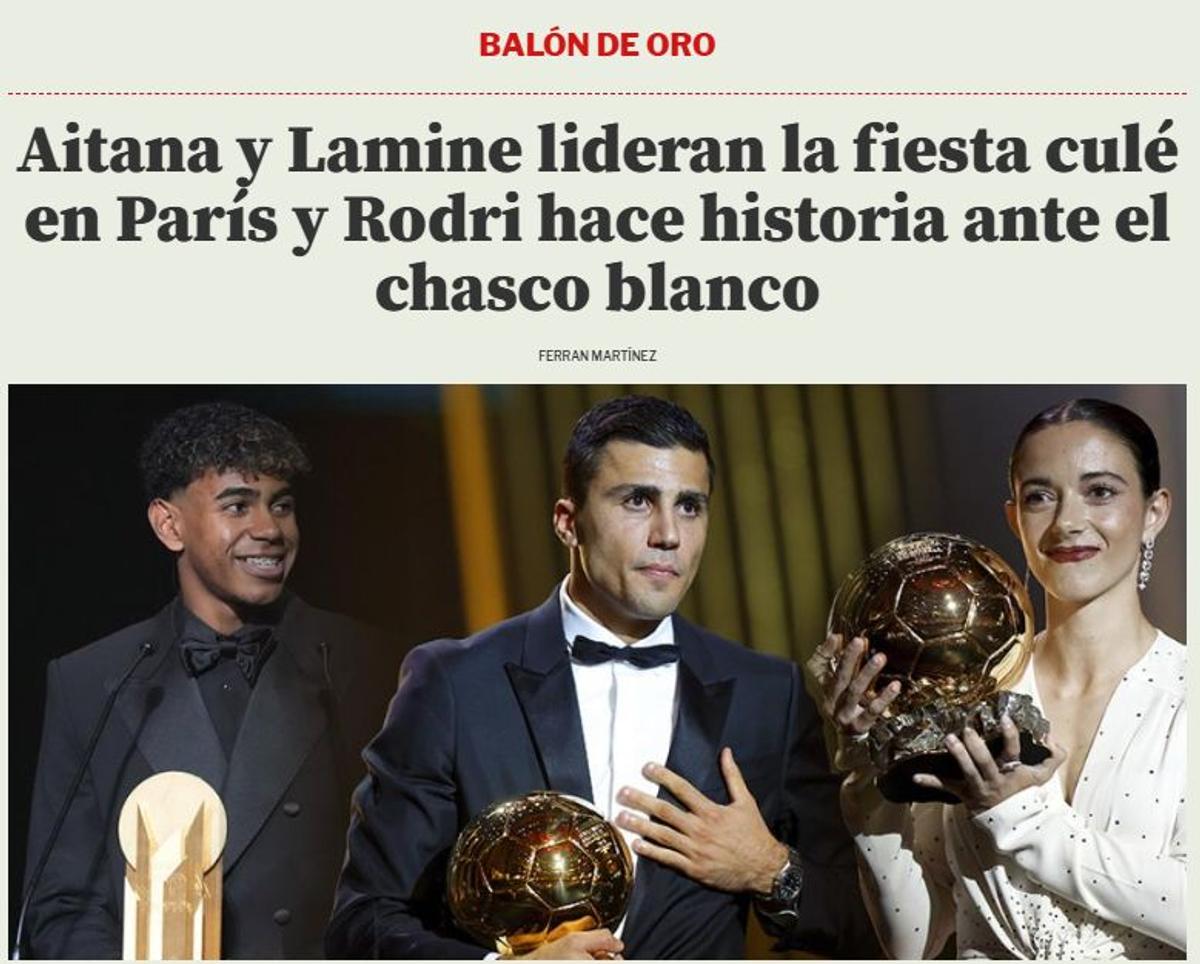 Ce titrează pe prima pagină ziarul de casă al lui Real Madrid, a doua zi după ce Rodri a primit Balonul de Aur