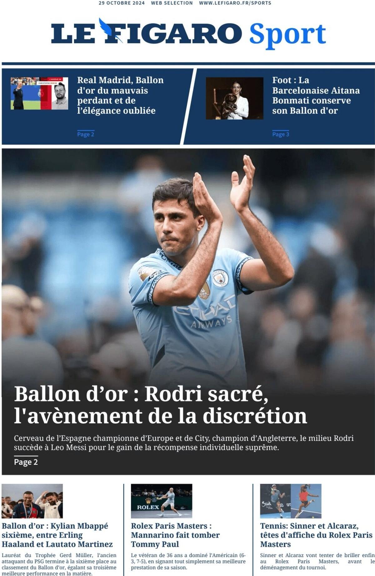 Coperțile presei internaționale după ce Rodri a câștigat Balonul de Aur 2024