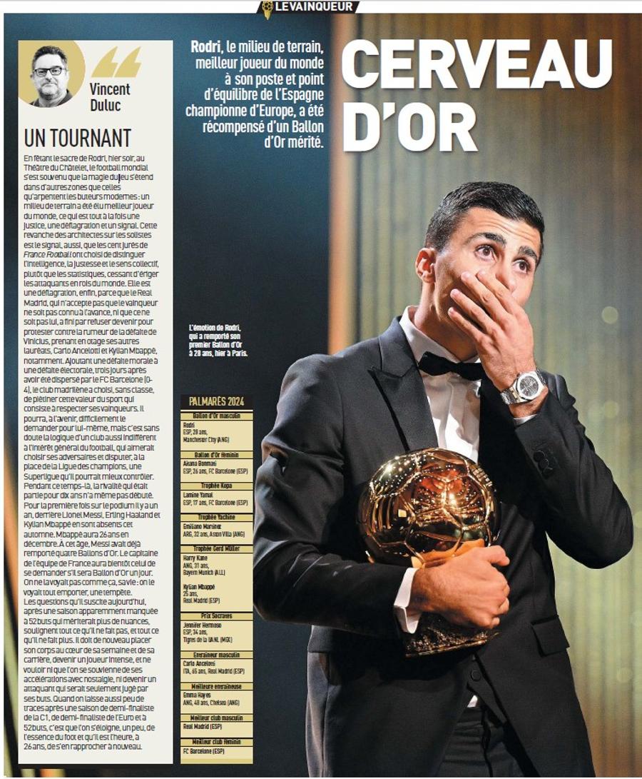 Așa arată editorialul scris de Duluc în cotidianul L`Equipe Atac dur la Real Madrid: „Un eșec electoral și moral!” » Explicațiile juriului pentru Balonul de Aur luat de Rodri: „Încoronarea lui este o justiție, o explozie și un semnal”