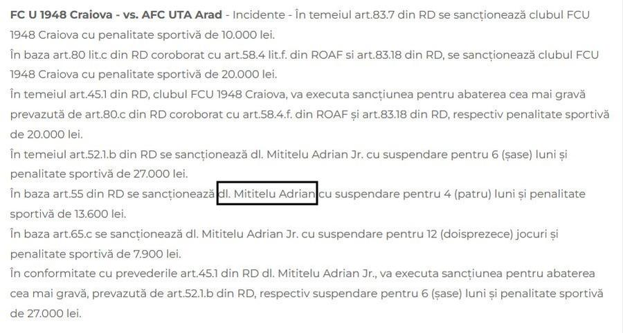 Varianta inițială a comunicatului de pe LPF.ro Adrian Mititelu Junior a primit 3 suspendări URIAȘE!