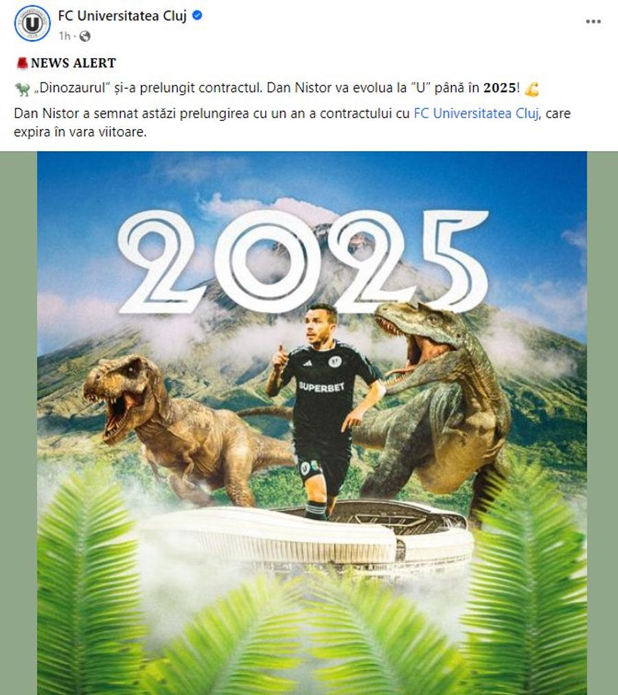 Dan Nistor a semnat prelungirea cu U Cluj // sursă captură: Facebook „Dinozaurul” Dan Nistor a semnat! Anunț inedit al clubului
