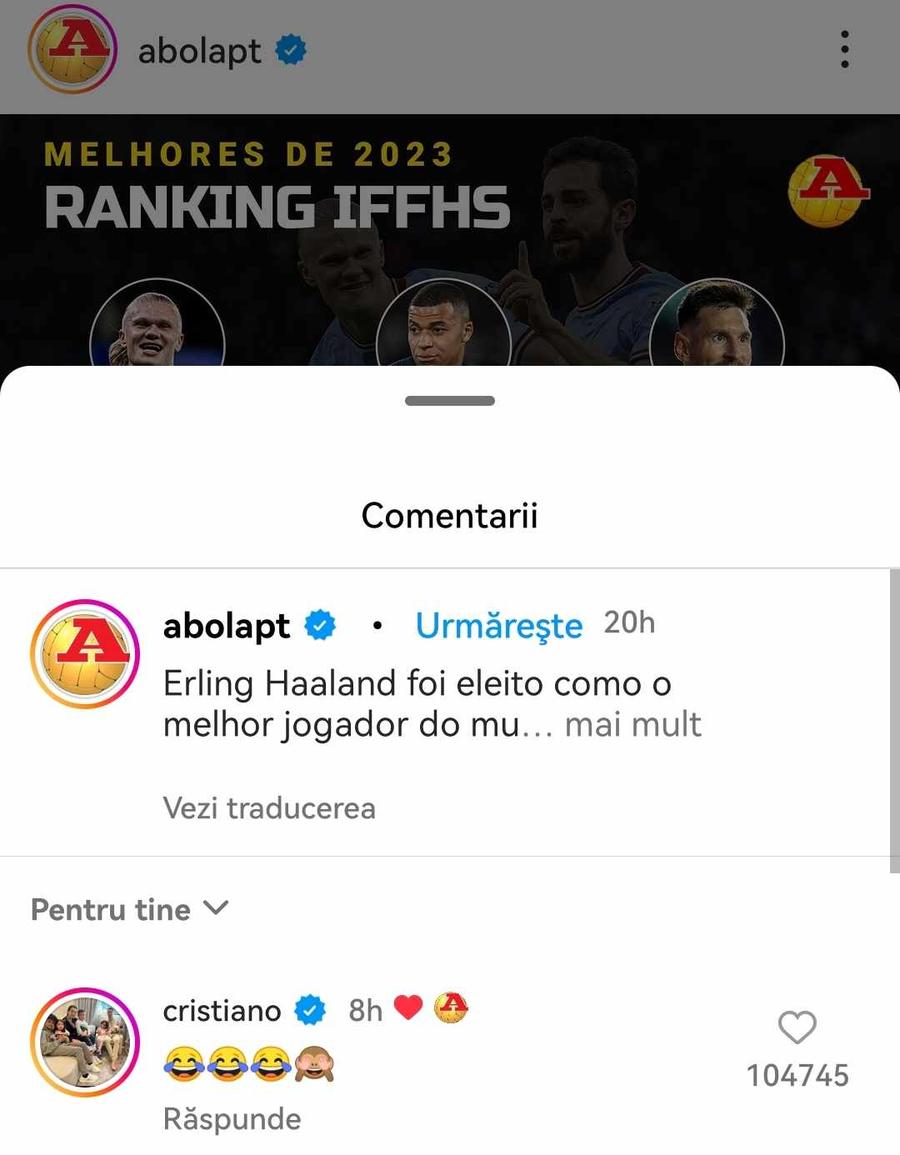 Comentariul lui Cristiano Ronaldo Cristiano a început să râdă când a văzut TOP 10 cei mai buni jucători din 2023 » Messi a prins podiumul!