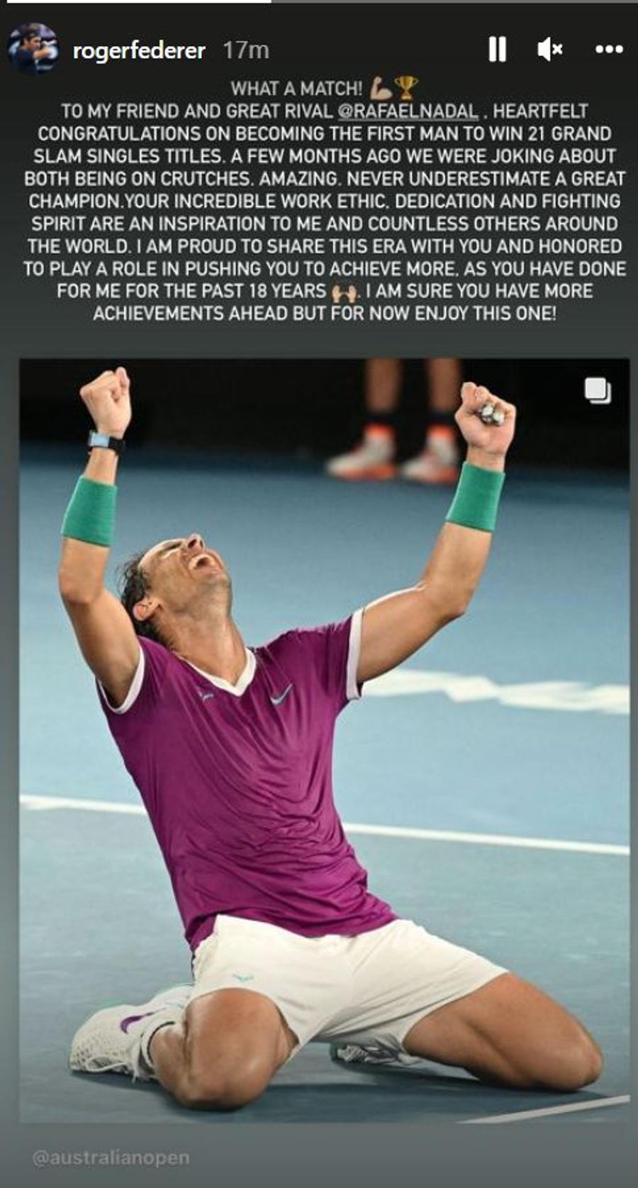 Roger Federer, mesaj public, după ce a fost depășit de Nadal: „Incredibil! Sunt onorat că am jucat și eu un rol”