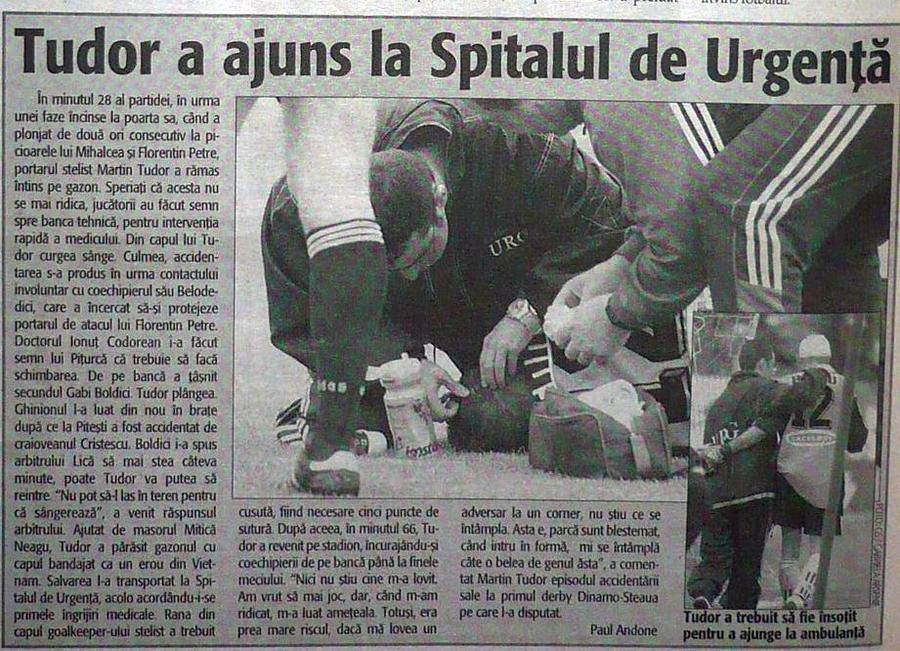 Articolul apărut atunci în Gazeta Sporturilor Episod terifiant cu Martin Tudor petrecut într-un Dinamo - Steaua: „Și dacă avea și o hemoragie cerebrală?”