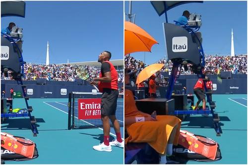 Nick Kyrgios (102 ATP) a fost eliminat de italianul Jannick Sinner (11 ATP), scor 6-7(3), 3-5, în optimile de finală ale turneului de la Miami. Australianul a oferit scene nemaivăzute pe un teren de tenis.