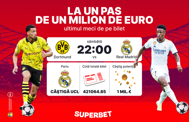 Real Madrid - Dortmund îi poate aduce un milion de euro unui parior Superbet! Vezi biletul fabulos, de cotă 421064.85