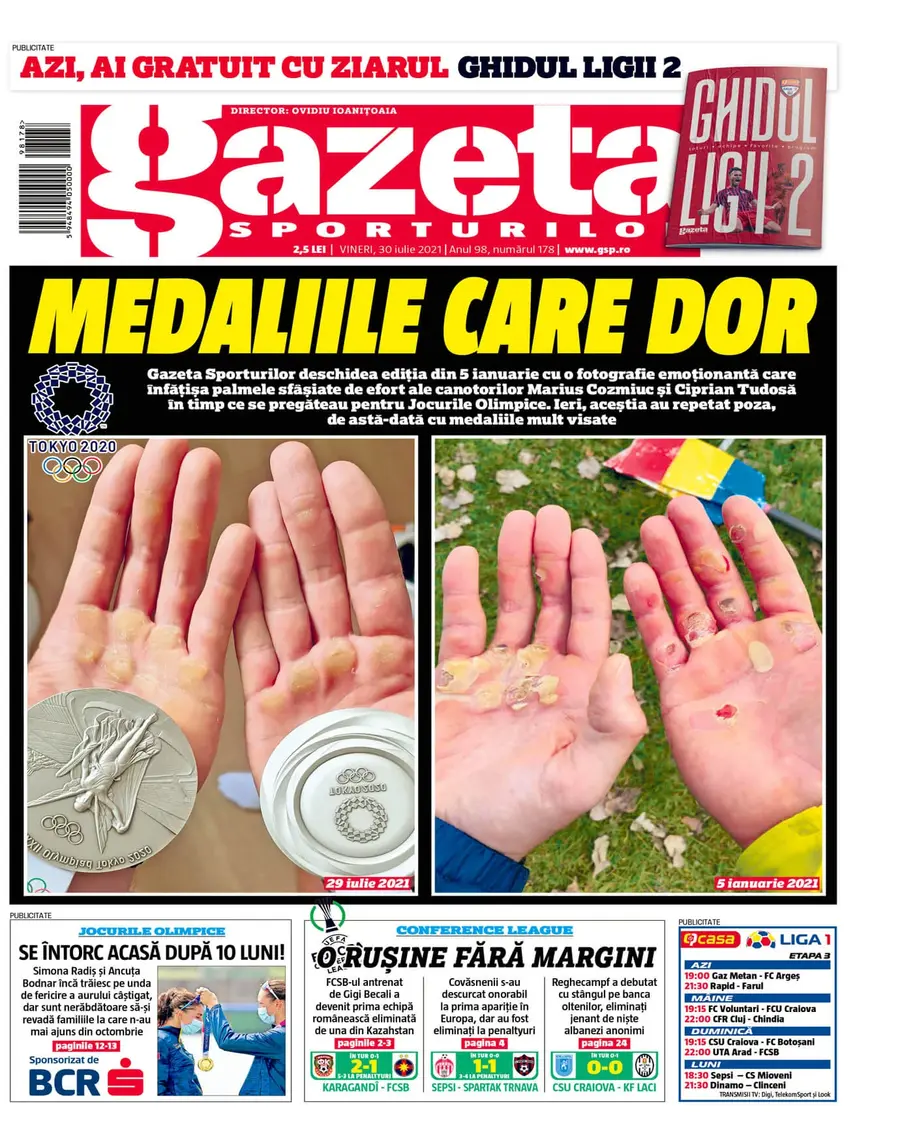 Prima pagină a ediției de azi a Gazetei Sporturilor Medaliile care dor: bătăturile și argintul de la Tokyo » Cum arată sacrificiul făcut de Cozmiuc și Tudosă pentru medalia la Jocurile Olimpice