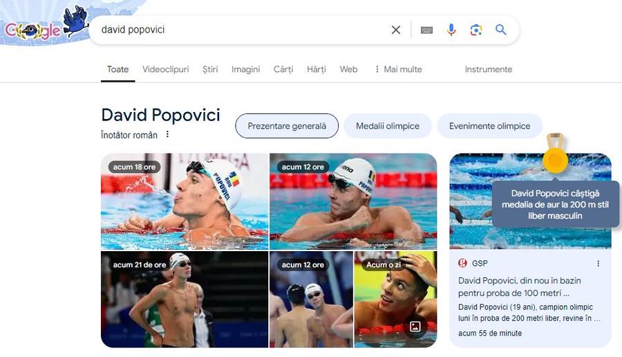 Cum marchează Google performanța lui David Popovici Sărbătorit și de Google! Ce se întâmplă la fiecare căutare cu numele lui David Popovici
