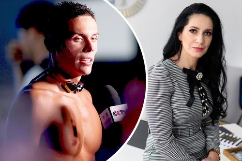 În stânga, campionul mondial David Popovici, în dreapta: Irina Bodnariu, psiholog sportiv
