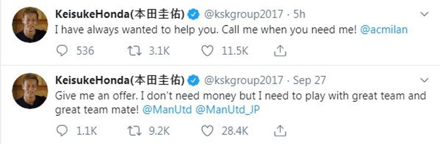 FOTO: Captură Twitter Keisuke Honda se oferă să joace la AC Milan sau Manchester United: „Nu am nevoie de bani” » A făcut anunțul pe Twitter