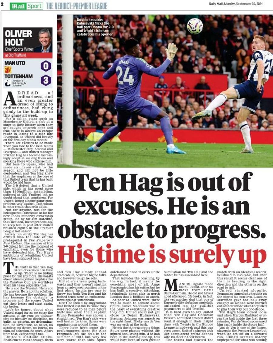 Daily Mail consideră că Erik ten Hag nu mai are nicio scuză Toată presa îl vrea „afară” pe Ten Hag! Daily Mirror: „Nota ZERO din 10!”. The Sun: „Chester van United!”