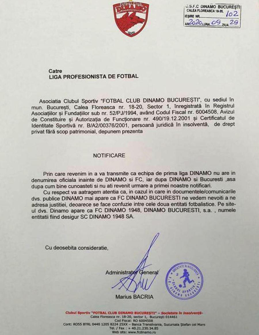 Notificarea trimisă de Nicolae Badea către LPF Probleme la Dinamo! Nicolae Badea a cerut la LPF schimbarea numelui: „Se face confuzie între cele două entități fotbalistice”