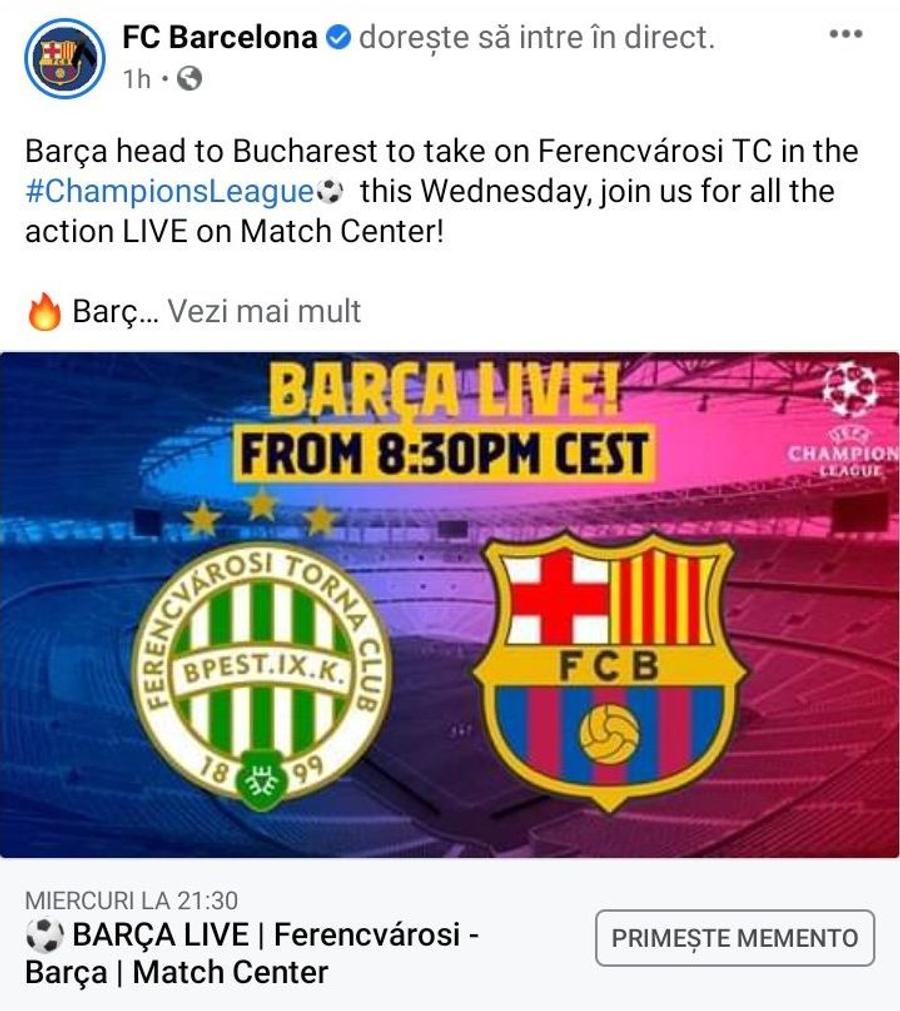 Între timp, Barcelona a editat postarea, iar „Bucharest” a fost înlocuit cu „Budapest” Ce gafă au făcut cei de la Barcelona: au zis că au deplasare la Bucureşti! » Maghiarii au luat foc: „Sper ca Ferencvaros să câștige cu Real Madrid”