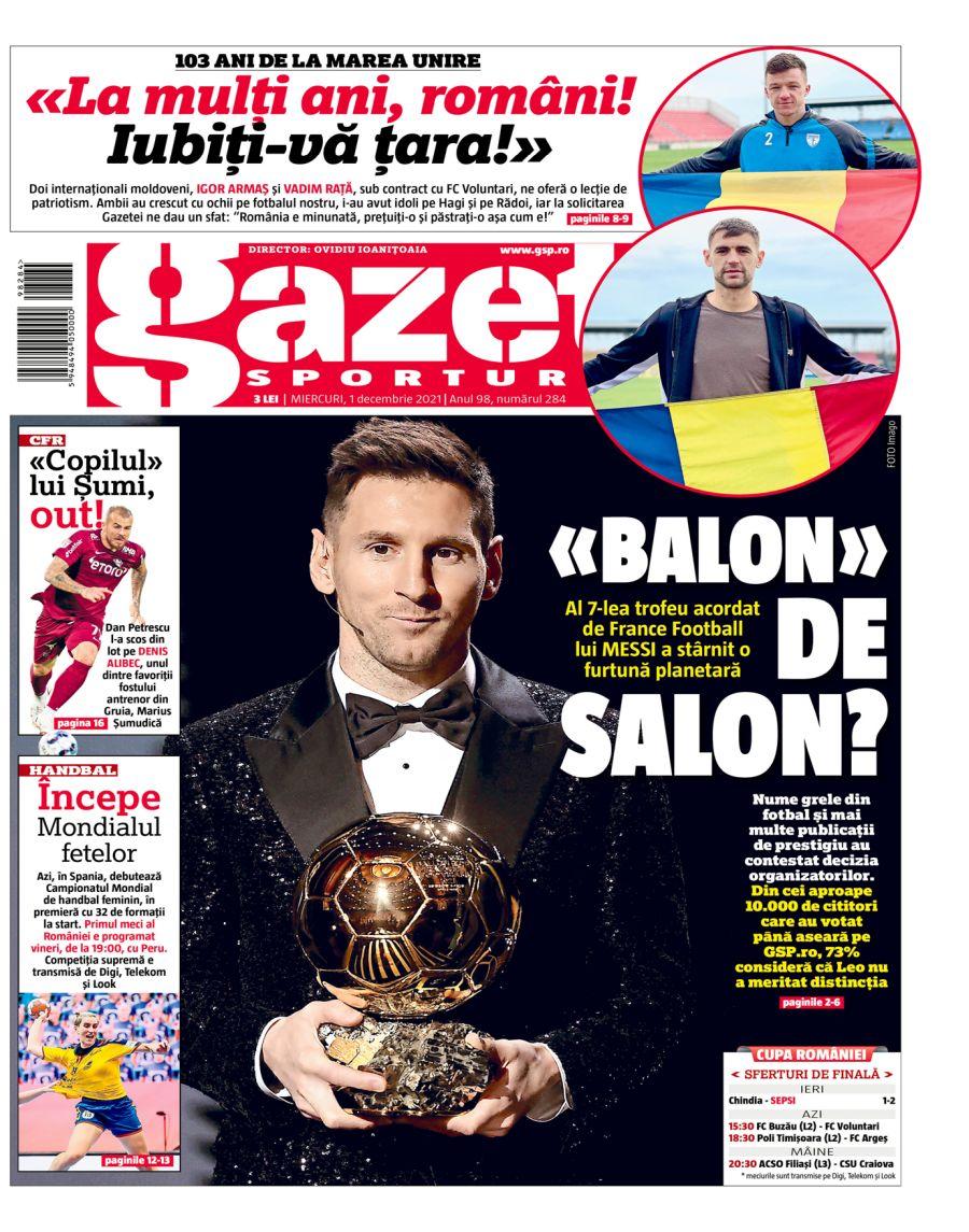 Gazeta Sporturilor, ediția de azi - 1 decembrie 2021 Messi, Balon de Aur livrat din reflex, prin curier