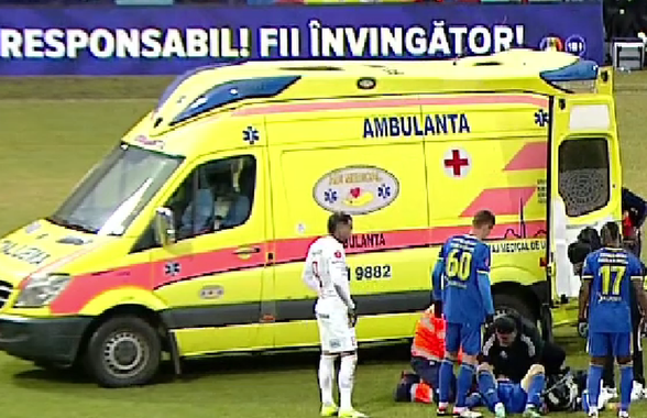 Ciocnire violentă în Unirea Slobozia - Hermannstadt: jucătorul a fost luat cu ambulanța de pe teren