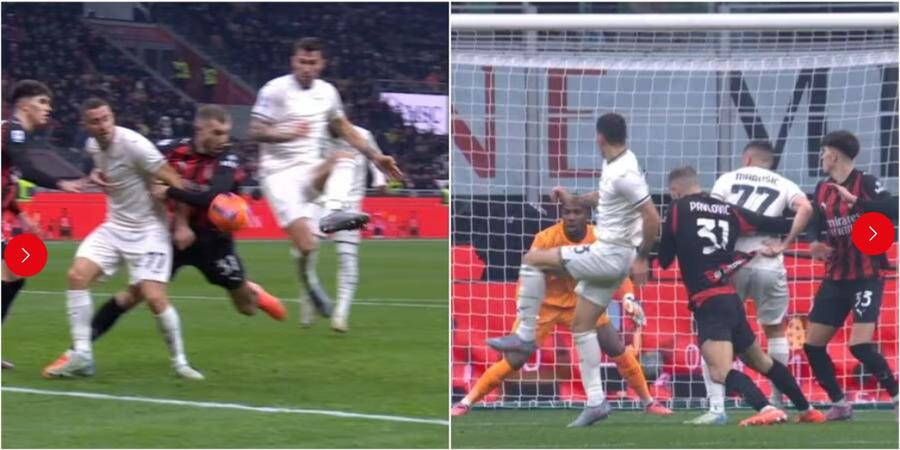 Faza din careul lui AC Milan, cu mingea lovită cu cotul de Pavlovic, la șutul lui Romagnoli / Foto: Imago Verdictul oficial în scandalul penaltyului de la AC Milan - Lazio » Un arbitru suspendat, altul scapă cu mustrare!