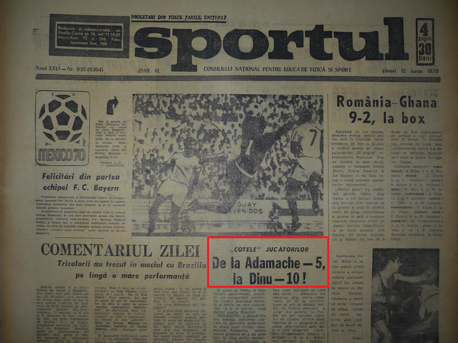 Cornel Dinu a primit nota 10 după meciul cu Brazilia, în ziarul Sportul „Nenorocitule!” » Cornel Dinu descrie duelul încins cu Pelé de la Mondial: „Eram convins că o să-l curăț la glezne”