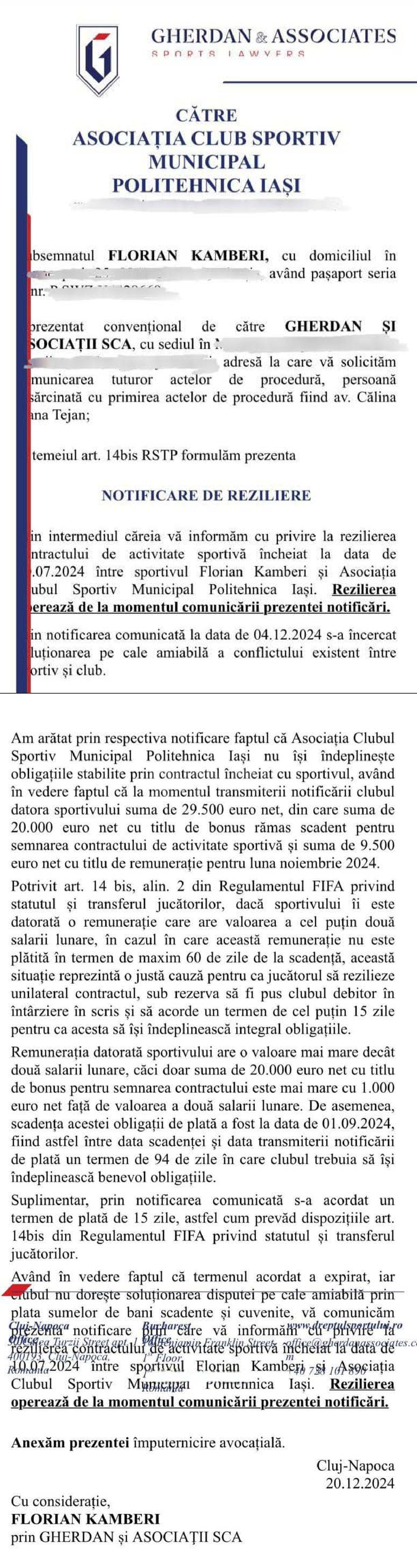 Notificarea de reziliere din partea lui Florian Kamberi CFR Cluj așteaptă la cotitură pentru a-l „fura” pe atacantul din Superliga » Avem documentele despre litigiul financiar: „Ați lipsit nemotivat de la antrenamente”