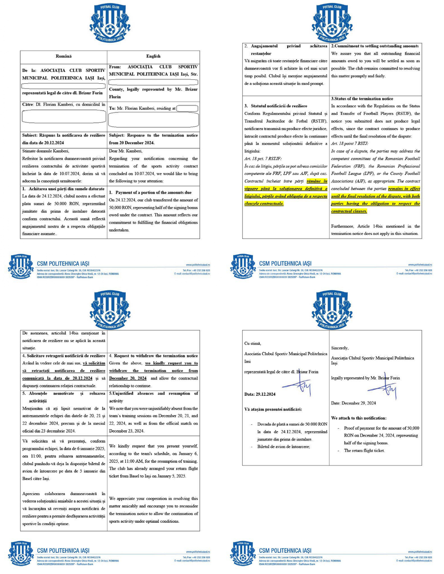 Răspunsul celor de la Poli Iași în dosarul de reziliere al lui Kamberi CFR Cluj așteaptă la cotitură pentru a-l „fura” pe atacantul din Superliga » Avem documentele despre litigiul financiar: „Ați lipsit nemotivat de la antrenamente”
