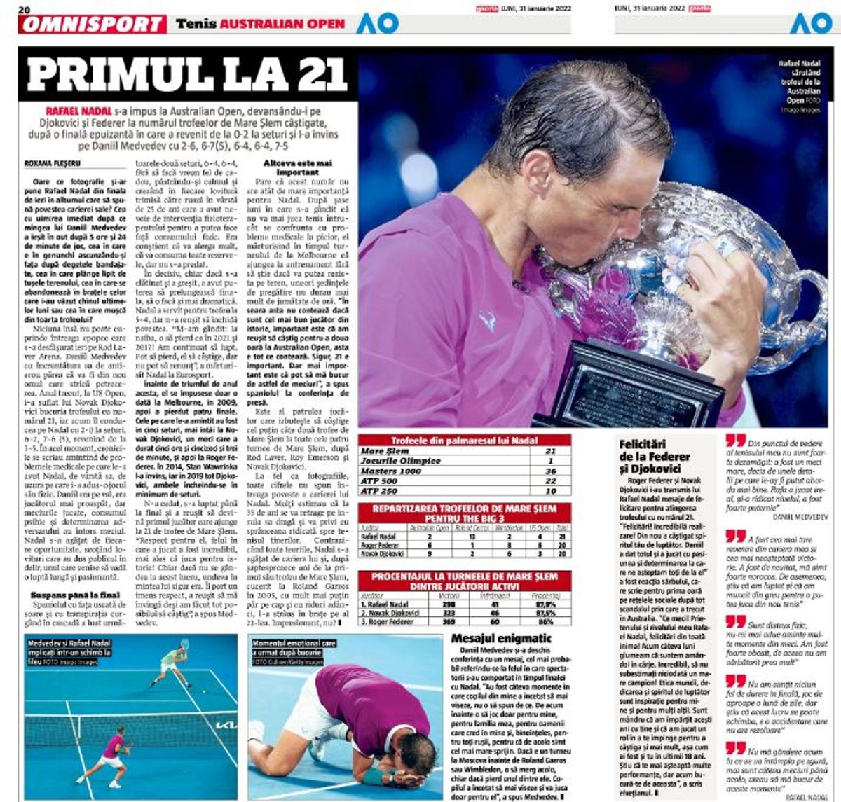 Presa internațională, la picioarele lui Rafael Nadal după victoria istorică de la Australian Open