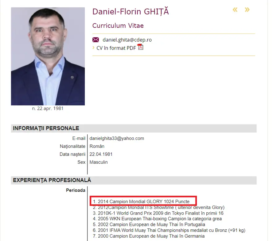 Eroarea care apărea în CV-ul oficial al lui Daniel Ghiță Daniel Ghiță a corectat CV-ul » După articolul din GSP, deputatul a recunoscut că nu e campion mondial Glory