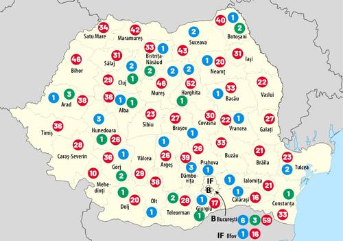 Legendă: 
cu albastru: bazine de înot
cu verde: complexuri sportive
cu roșu: săli de sport