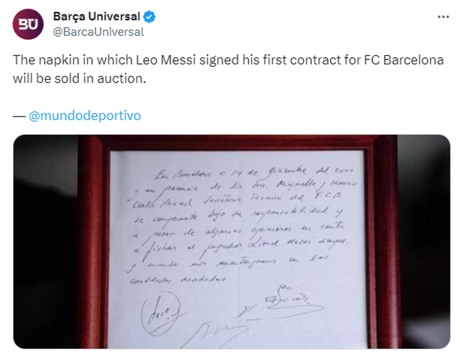 Licitație pentru șervețelul pe care Lionel Messi a semnat primul contract cu Barcelona. De la ce sumă pornește