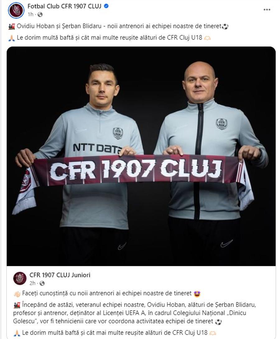 Sursă foto: Facebook CFR Cluj La mai puțin de un an de la retragere, Ovidiu Hoban a primit un post nou la CFR Cluj
