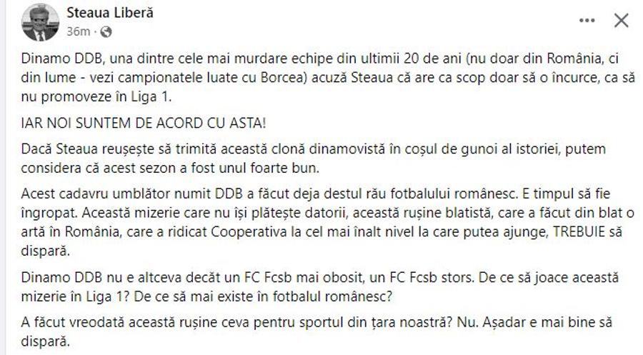Postarea prin care steliștii îi răspund rivalei din șoseaua Ștefan cel Mare A venit replica Stelei! Atac devastator la adresa rivalei: „Să trimitem clona DDB Dinamo în coșul de gunoi al istoriei!”