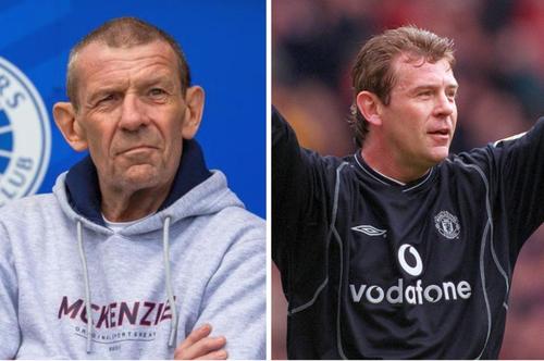 În stânga, Andy Goram în prezent, la 58 de ani. În dreapta, Goram în tricoul lui Manchester United, în 2001, la 37 de ani
