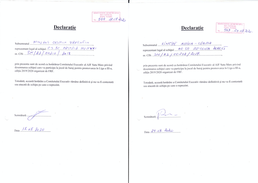 Dovezile invocate de Szilagyi. Două din cele trei declarații date de cluburi pentru a acoperi AFJ-ul VIDEO EXCLUSIV Satu Mare, tupeu și mai mare: play-off ilegal, la negru, jucat sub ochii primarului fără mască și ai AFJ: ”Dacă vine DSP-ul, spuneți că jucați un amical”