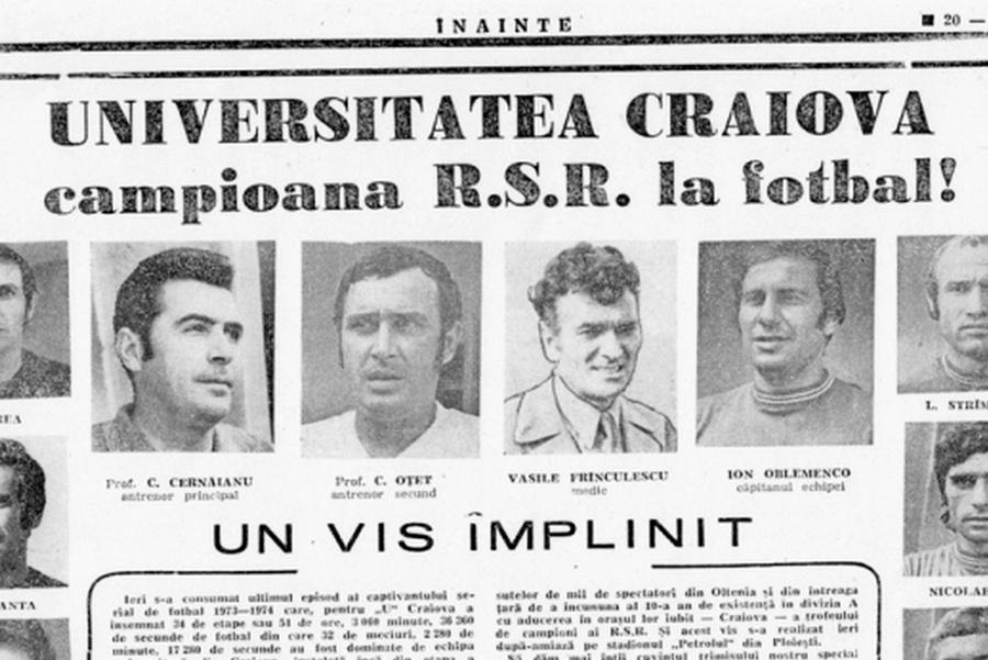 Craiova cucerea primul titlu din istorie în 1974 / Sursă foto: Arhivă Cum au marcat cele două cluburi din Craiova 50 de ani de la primul titlu al Științei » Mișcare de marketing a lui Mititelu + Reacția echipei lui Rotaru