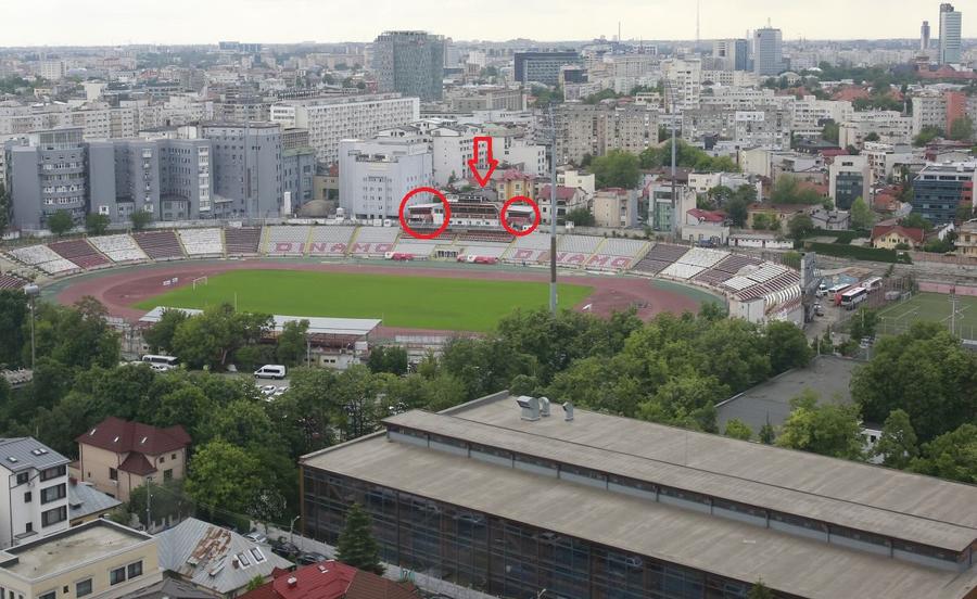 Cele două loje, încercuite, vor fi demolate. Oficiala (clădirea dinspre Floreasca), indicată de săgeată, va rămâne și va fi renovată Ultimele informații despre demolarea stadionului Dinamo: „Au fost somați să-și ia lucrurile”