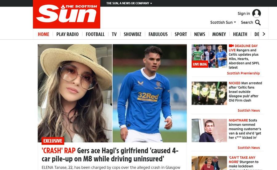 Știrea a stat ore bune în deschiderea site-ului Scottish Sun Presa scoțiană susține că Elena Tănase, iubita lui Ianis Hagi, ar fi provocat un accident rutier în apropiere de Glasgow! 4 mașini implicate și o persoană rănită