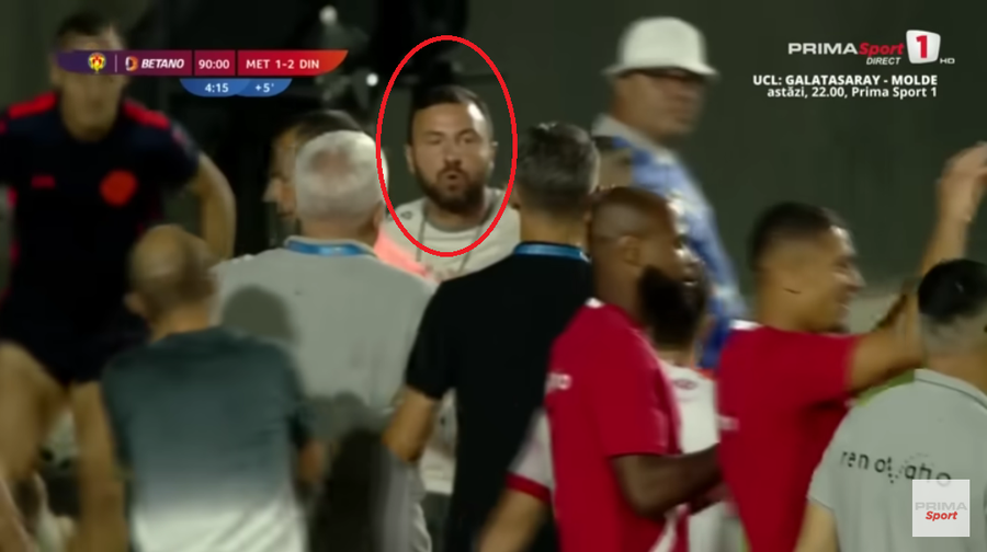 Vlad Stef (medalion), secundul lui Metaloglobus, a avut un conflict verbal cu dinamoviștii la finalul meciului / captură Prima Sport S-a lăsat cu etape de suspendare în urma incidentelor de la finalul meciului Metaloglobus - Dinamo
