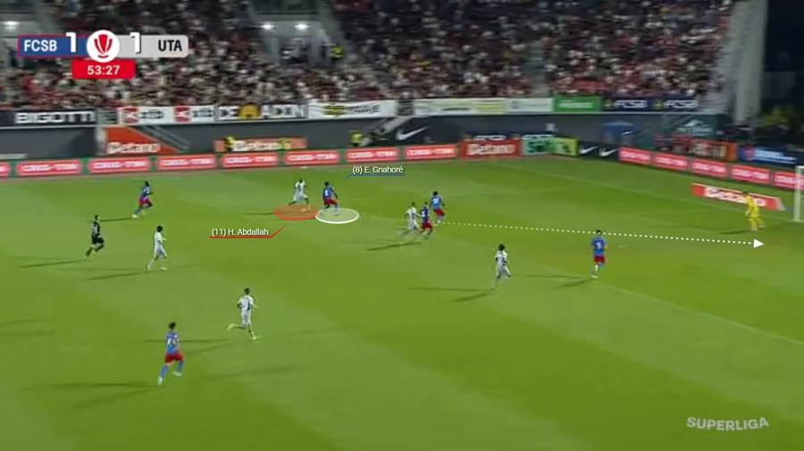 Gnahore se scoate din joc unu la unu cu Abdallah. Atacantul găsește soluția șutului și marchează. Fotografie generată în platforma Wyscout. FCSB nu mai crede în propriul joc » 3 semnale negative care trădează finalul unei echipe