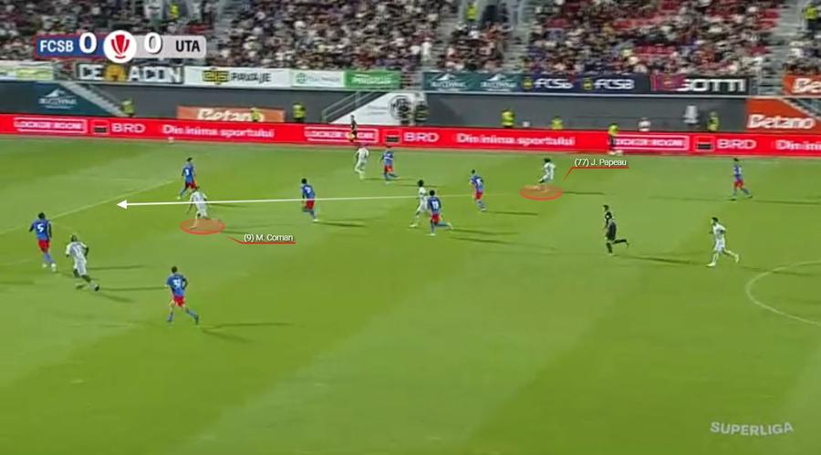 Papeau a găsit pasa filtrantă pentru Coman. Apărarea roș-albastră, surprinsă după ce Boutoutaou a pierdut mingea. Fotografie generată în platforma Wyscout FCSB nu mai crede în propriul joc » 3 semnale negative care trădează finalul unei echipe