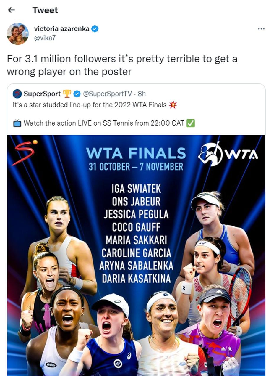 FOTO: Captură @Twitter Azarenka, enervată de o greșeală de pe afișul Turneului Campioanelor: „Teribil! Cum să puneți altă jucătoare?”