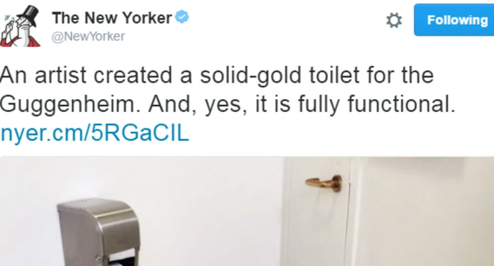 Музеят "Гугенхайм" в Ню Йорк се сдоби със златна тоалетна чиния