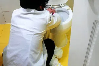 Камериерка чисти тоалетната с кърпите за лице (видео)