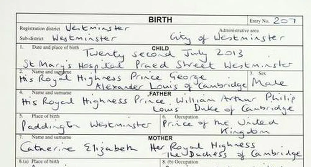 Публикуваха акта за раждане на принц Джордж