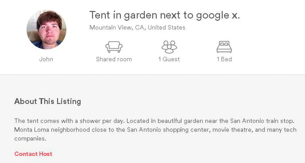 Палатка под наем в Силициевата долина за 46 долара на вечер?