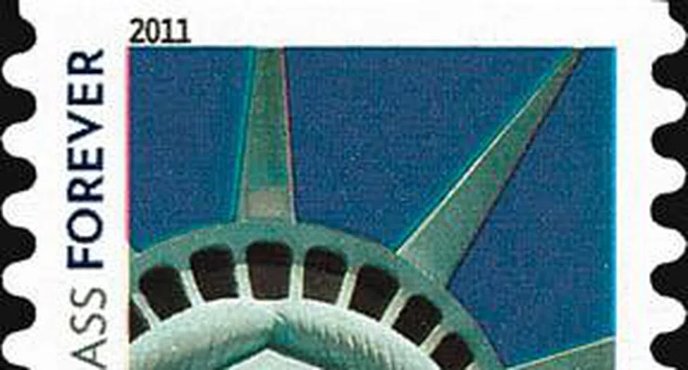 Гаф на пощите в САЩ с марка с лика на Стауята на свободата